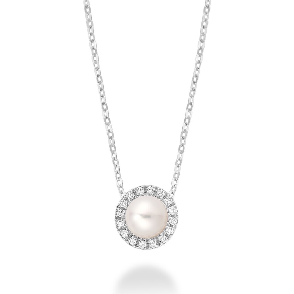 Collier or blanc, perle, 5 pts dia tot