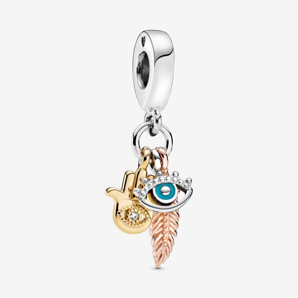 Hamsa bead, eye of providence, feather, silver, Pandora Shine, and Pandora Rose, cubic zirconium - 768785C01 - Pandora