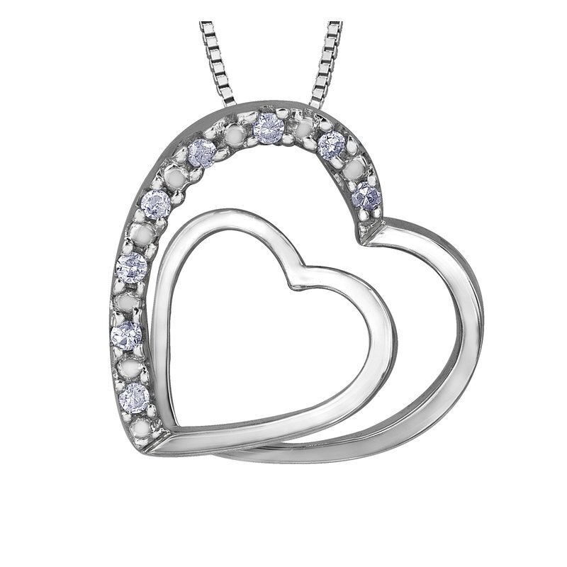 Pendentif coeur, or blanc 10 carats, 5 points de diamants total