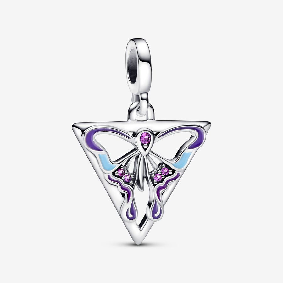 Médaillon papillon pandora me, argent, émaux mixtes, cristal mauve