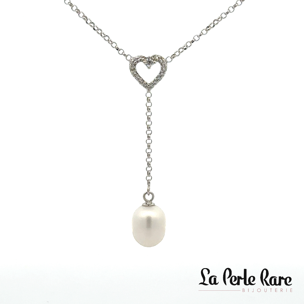 Collier argent, perle, zircons incolores - N4354 - Création Gl