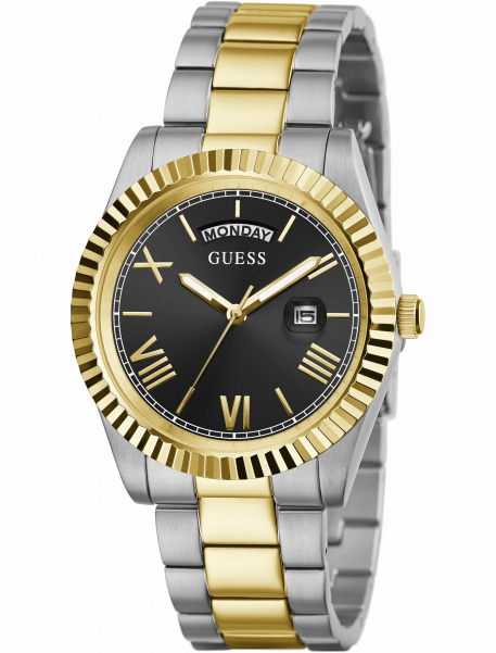 Two-tone stainless steel watch (white/yellow), black dial - GW0265G5 - Guess