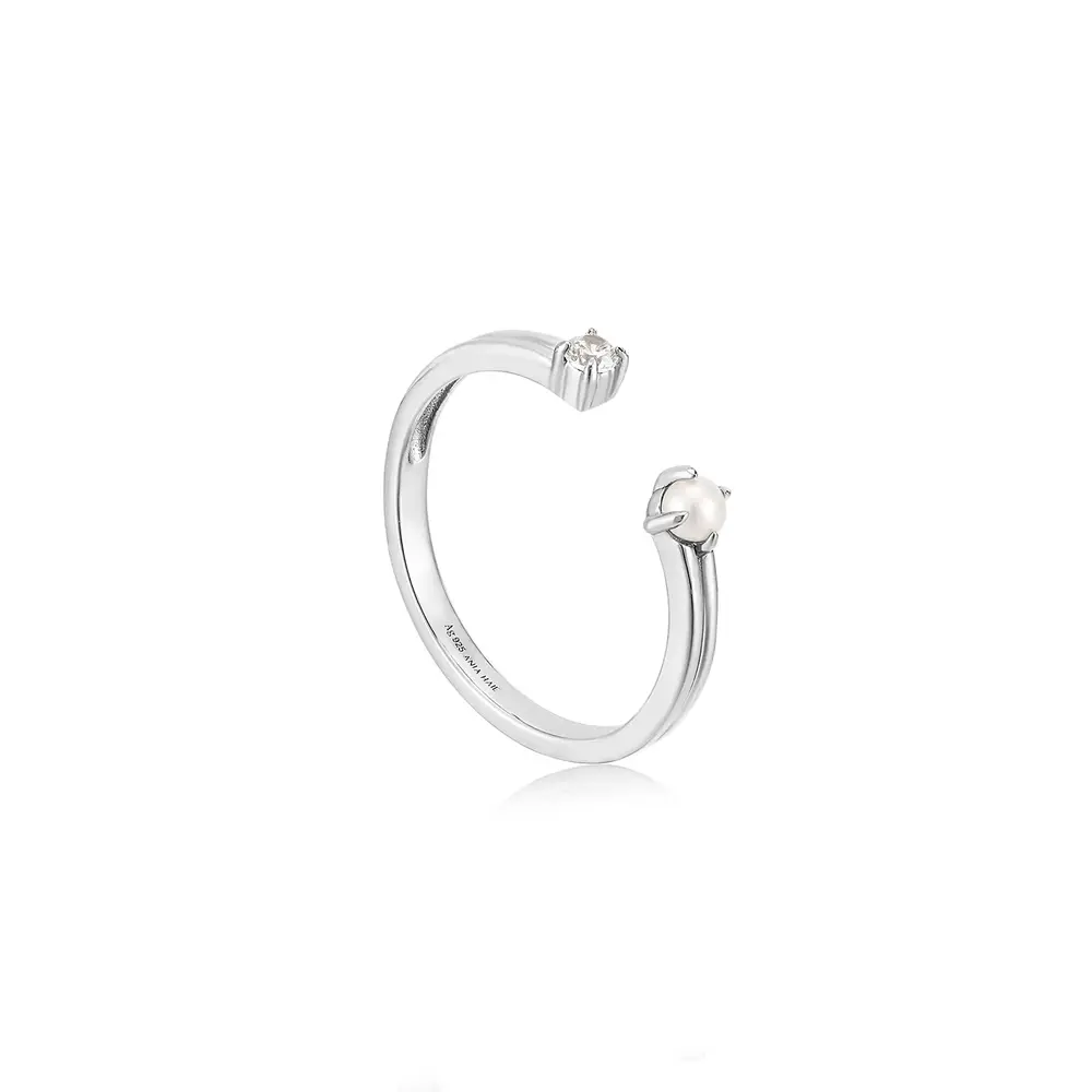 Bague ajustable argent rhodié, perle, zircon