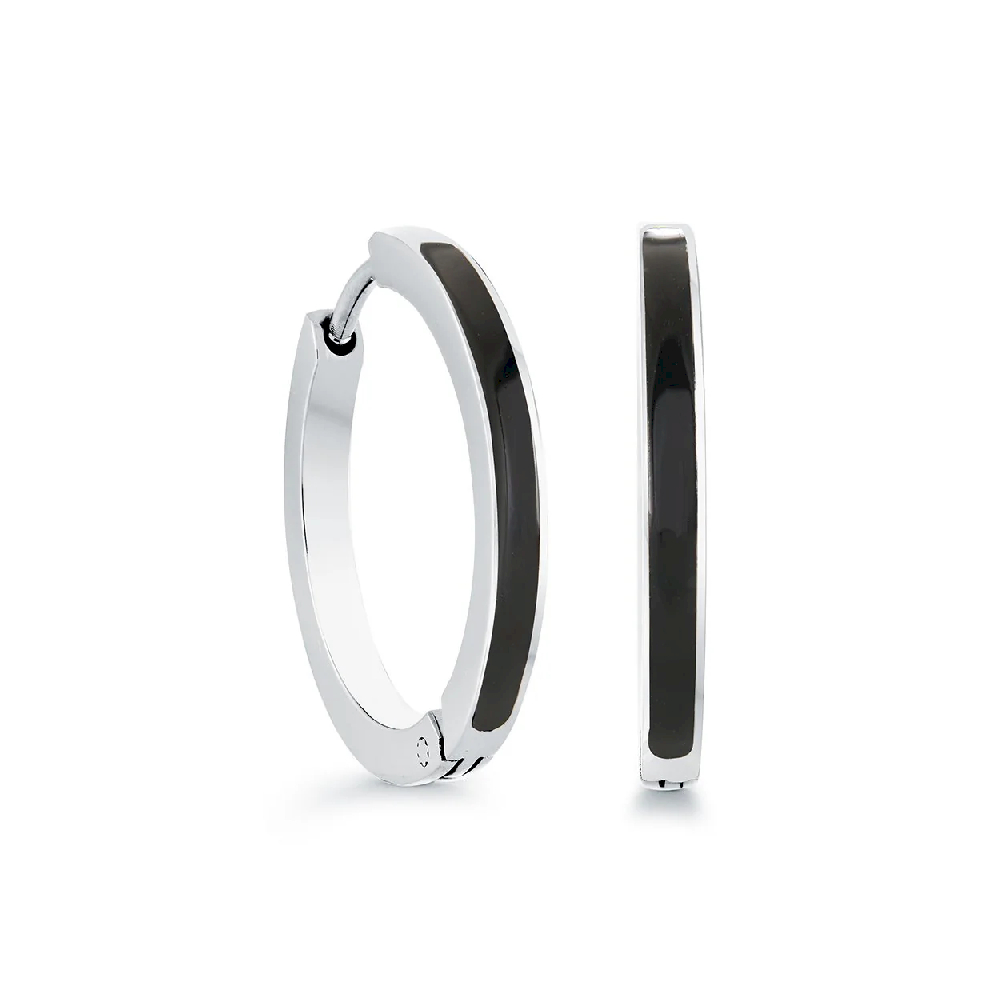 Stainless Steel Huggie Earrings Black Enamel