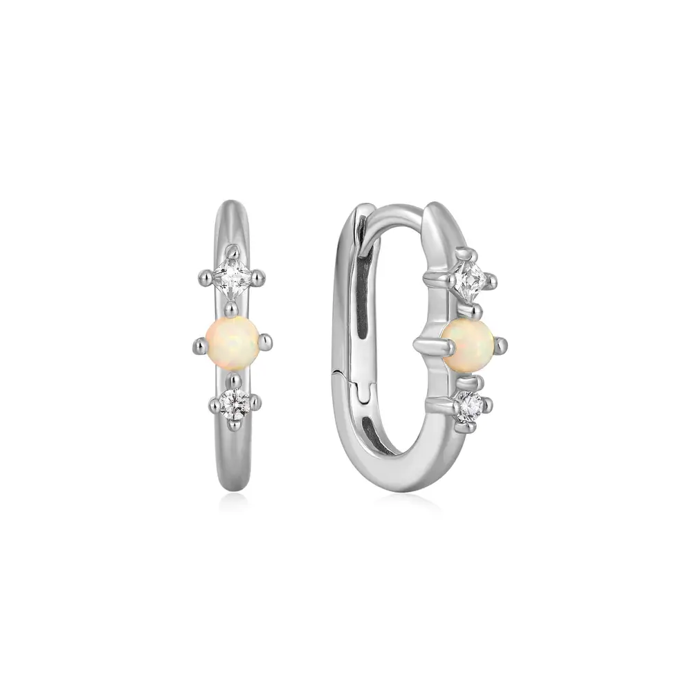 Rhodium-plated silver huggies with opal and cubic zirconia - E047-01H - Ania Haie