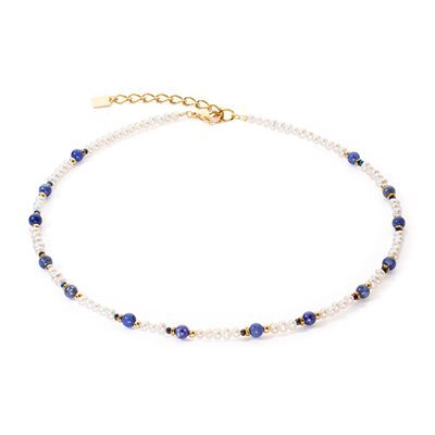 Collier acier, perles d'eau douce, cristaux bleus