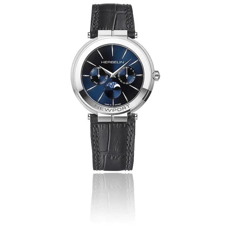 Montre cuir noir, acier, fond bleu