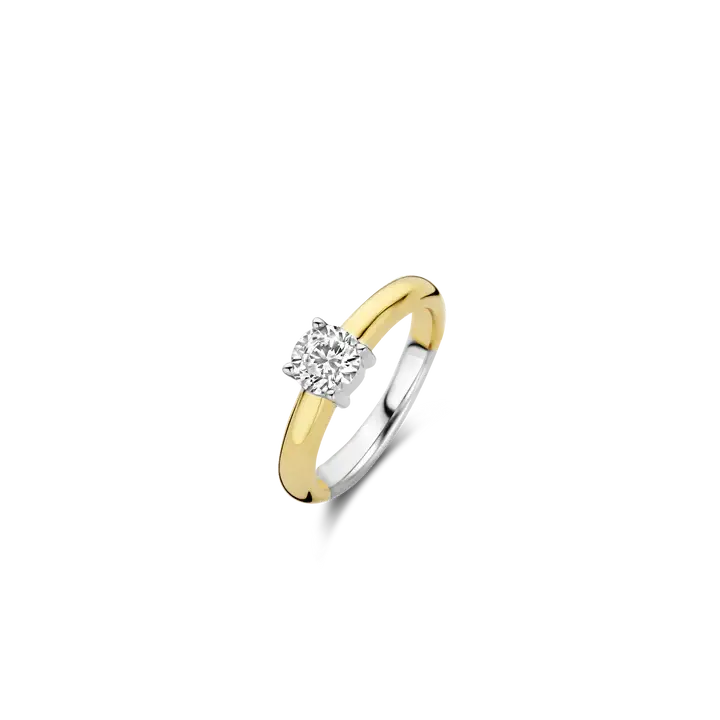 Bague solitaire, argent 2 tons (jaune/blanc), zircon