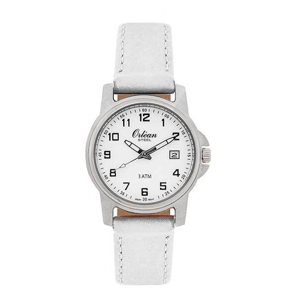 Montre cuir blanc, acier, fond blanc - ME3182-LTRBC - Orlean