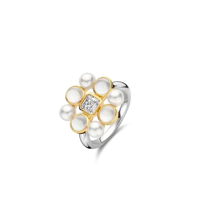 Bague argent 2 tons (blanc/jaune), perles, zircon