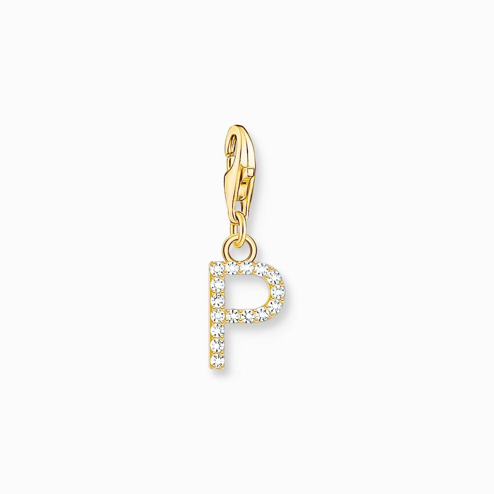 Charm lettre p, argent doré, zircons