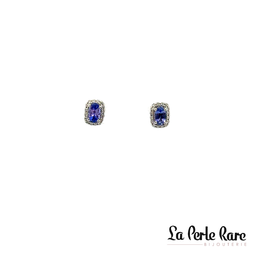 Boucles d'oreilles fixes or blanc 14 carats, tanzanites, 9 points de diamants - 7535TZE4WYA11 - Exclusivités