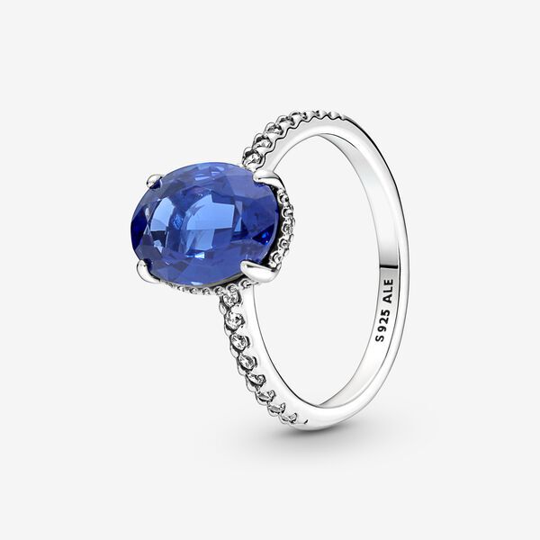 Bague halo scintillant, argent, zircons incolores, cristal bleu