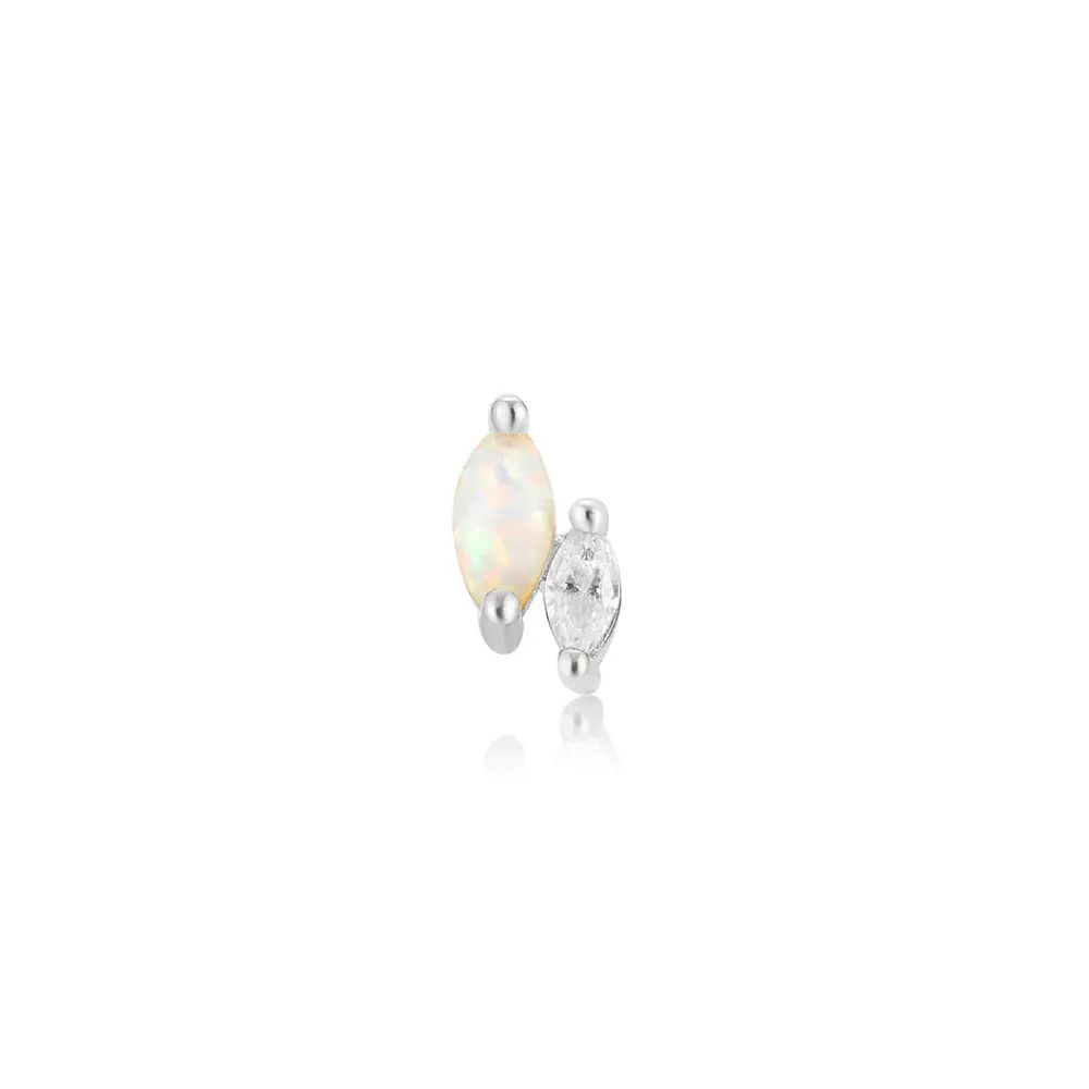 Single rhodium-plated silver stud earring with opal and cubic zirconia - E047-07H - Ania Haie