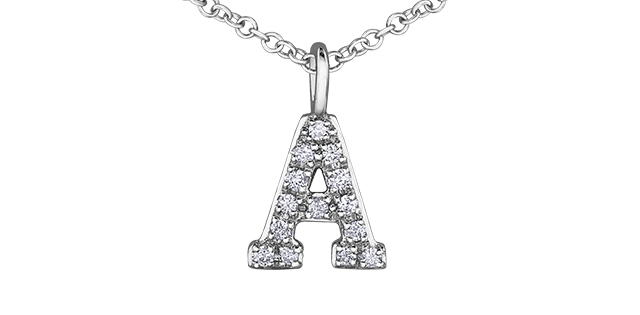 Pendentif lettre a, 5 pts dia, or blanc 