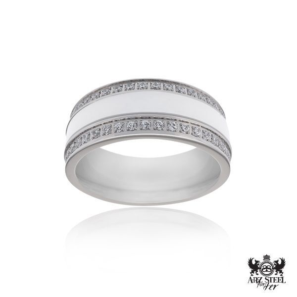 Bague acier, céramique blanche, zircons