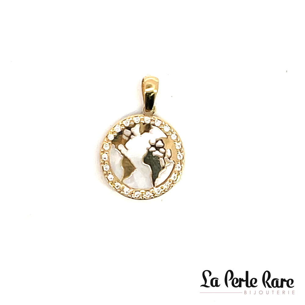 Pendentif mappe monde, or jaune 10 carats, nacre de perle