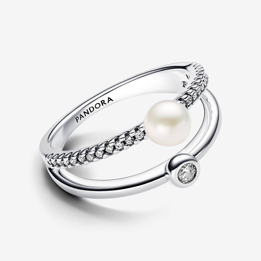 Double ring, silver, freshwater pearl, cubic zirconia