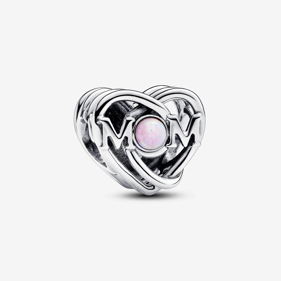 Heart charm, Mom, sterling silver, lab-created pink opal - 793233C01 - Pandora