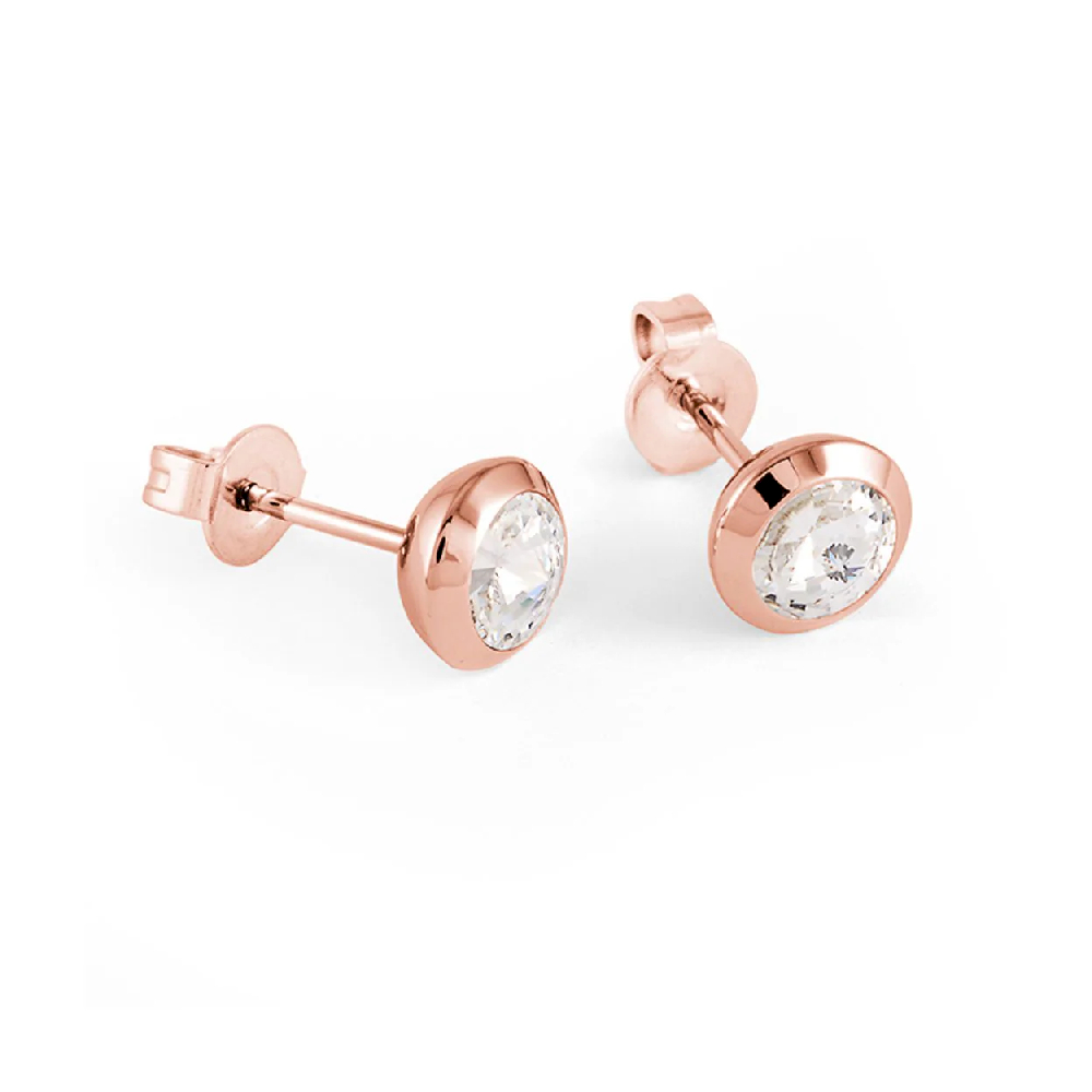 Rose Stainless Steel Stud Earrings with Clear Zircons