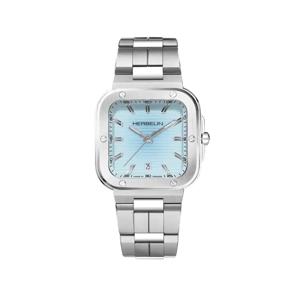 Montre carrée, acier, fond bleu