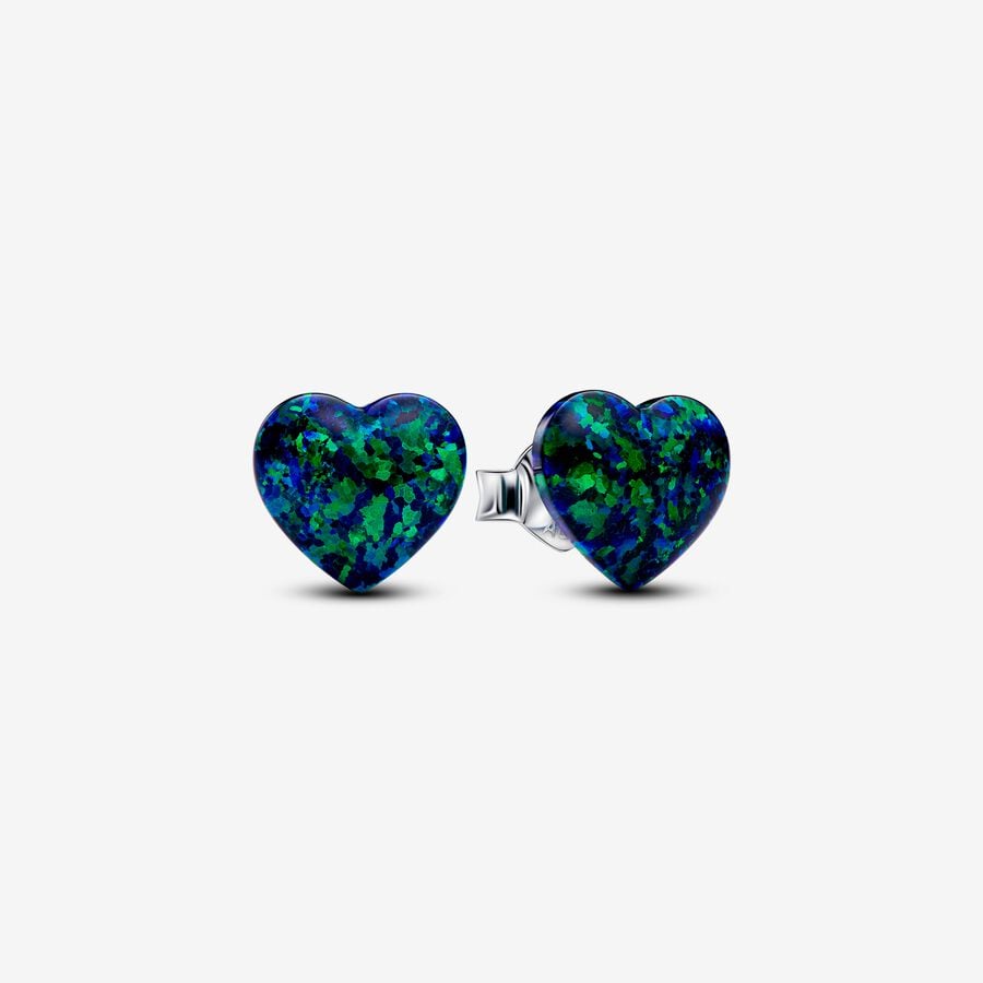 Boucles d'oreilles fixes coeurs verts opalescents, argent, opales de laboratoire