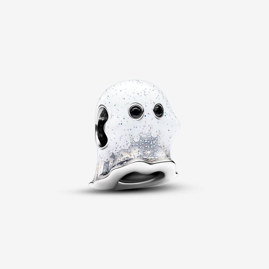 Glow-in-the-dark ghost charm in silver with black synthetic crystals and white enamel - 793404C01 - Pandora