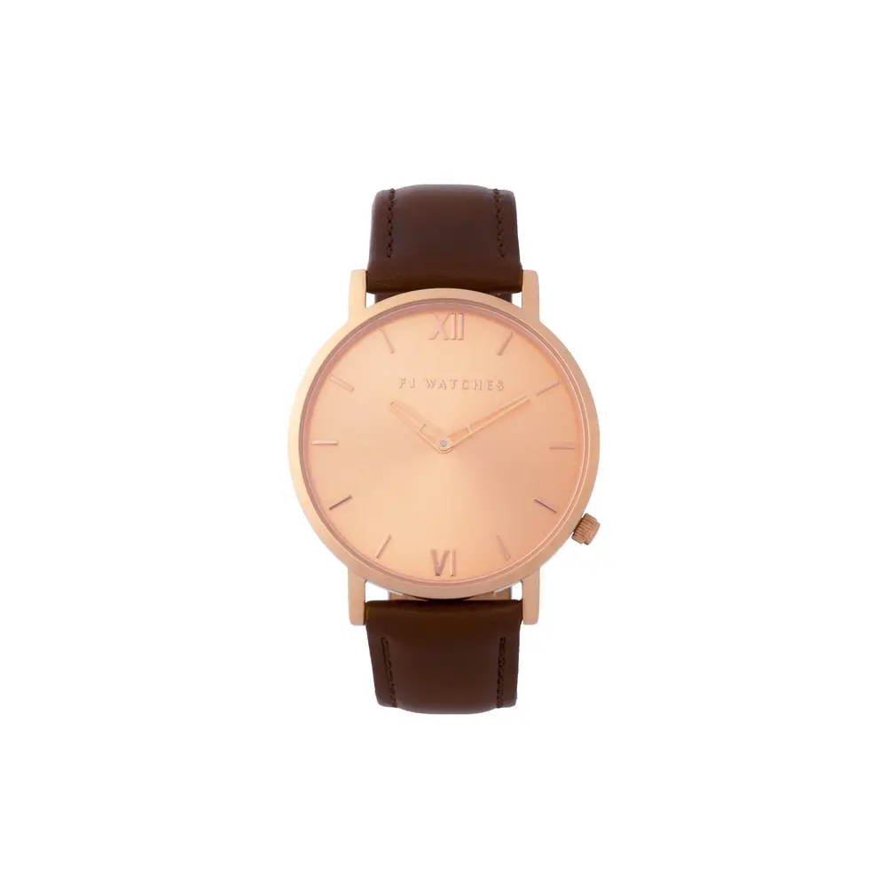 Montre sunset, cuir brun, acier rosé