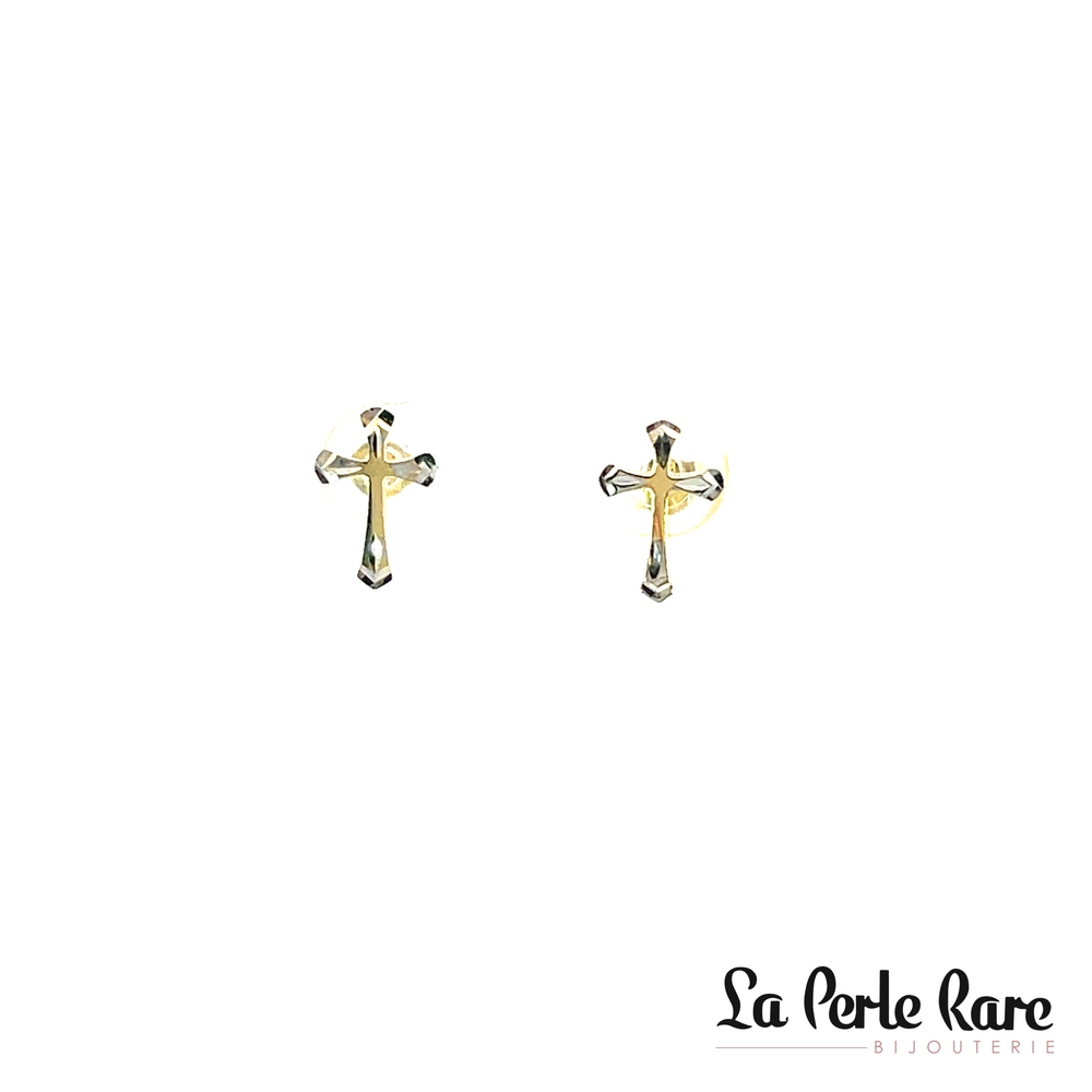 Boucles d'oreilles fixes croix, or 2 tons (jaune/blanc) 10 carats - EAT-308-2T - Exclusivités