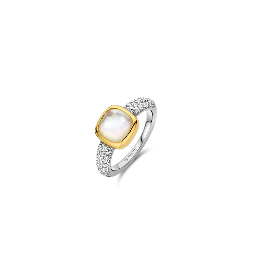 Bague argent 2 tons (blanc/jaune), zircons, nacre de perle - 12331MW-54 - Ti Sento