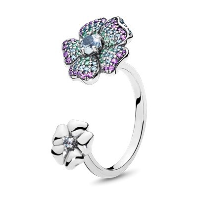 Bague fleurs glorieuses, cristaux multicolores