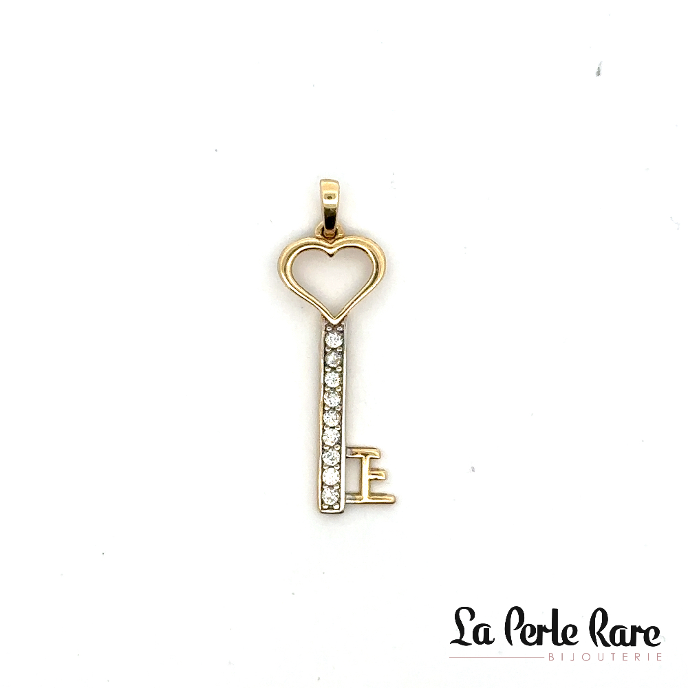 Pendentif clé, or jaune 10 carats, zircons incolores - POZ-517-J - Exclusivités