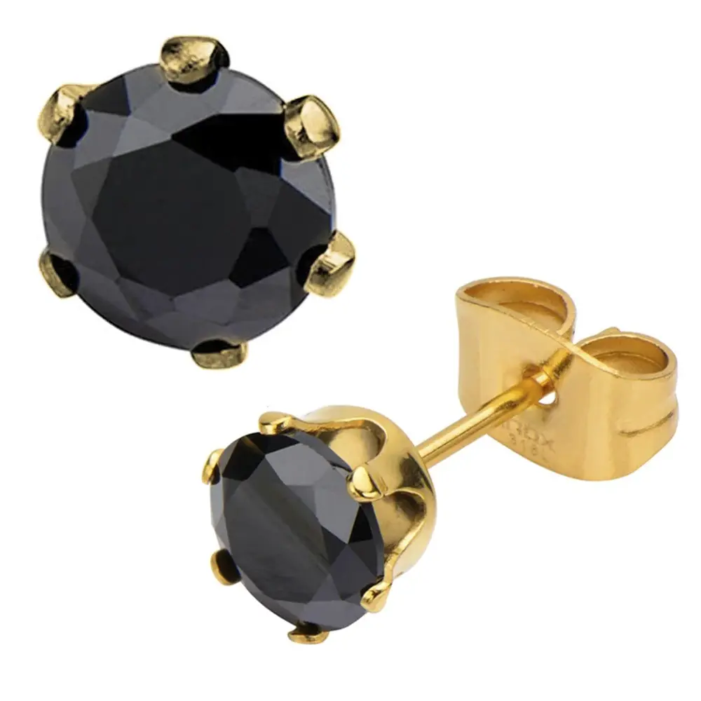 Golden steel stud earrings with black zirconia