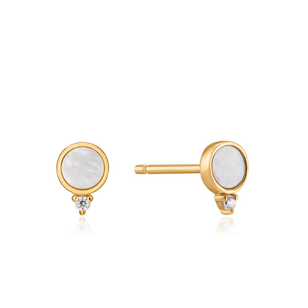 Boucles d'oreilles fixes en argent doré avec nacre de perle et zircons - E022-01G - Ania Haie