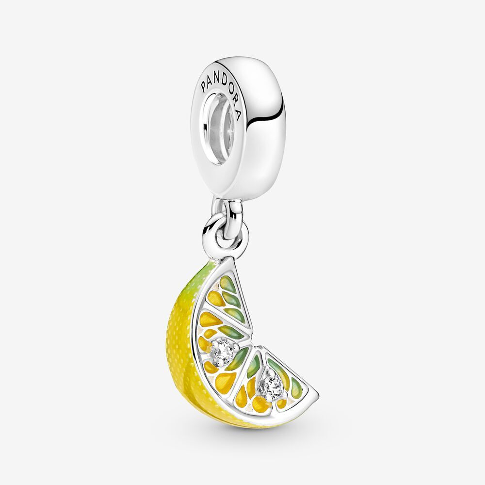 Bille tranche de citron scintillant, argent, émaux mixtes et zircons incolores