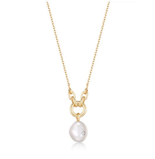  Gold-plated silver necklace, pearl, cubic zirconium