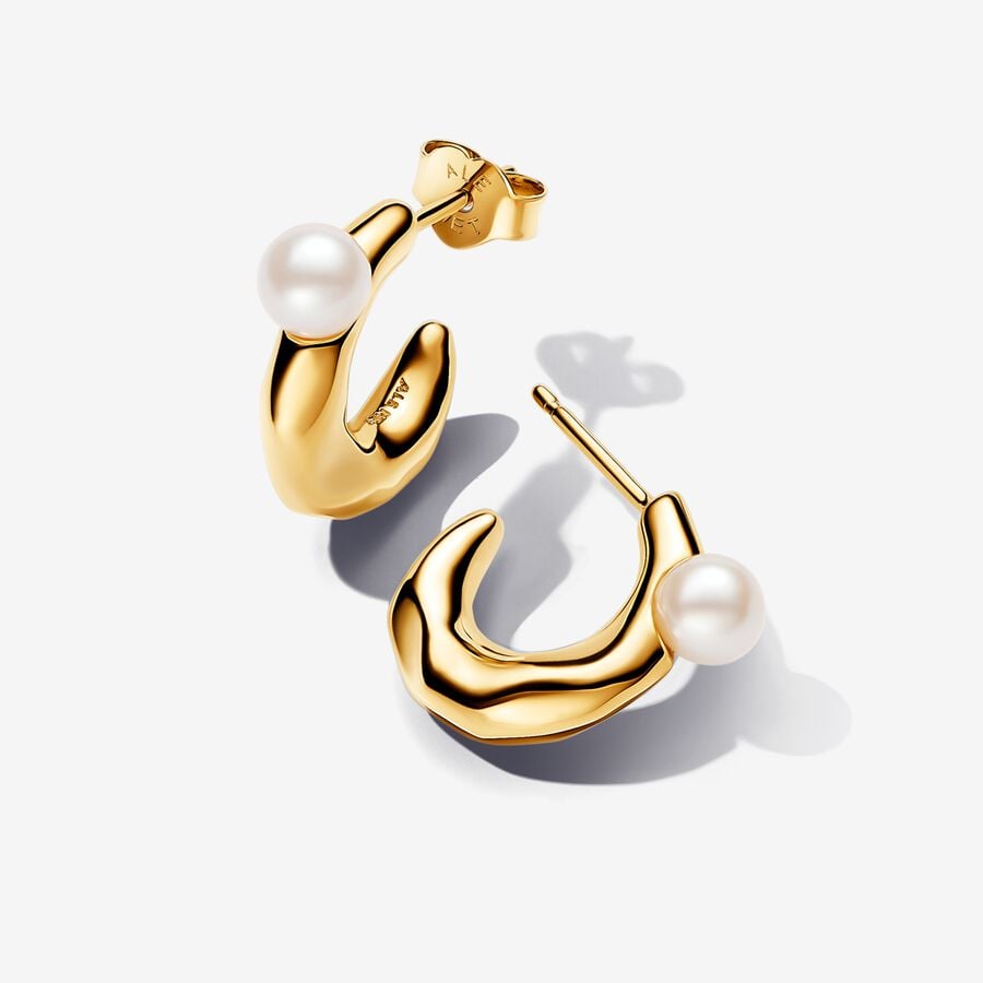 Hoop earrings, unique metal plating of 14-karat gold, freshwater pearls