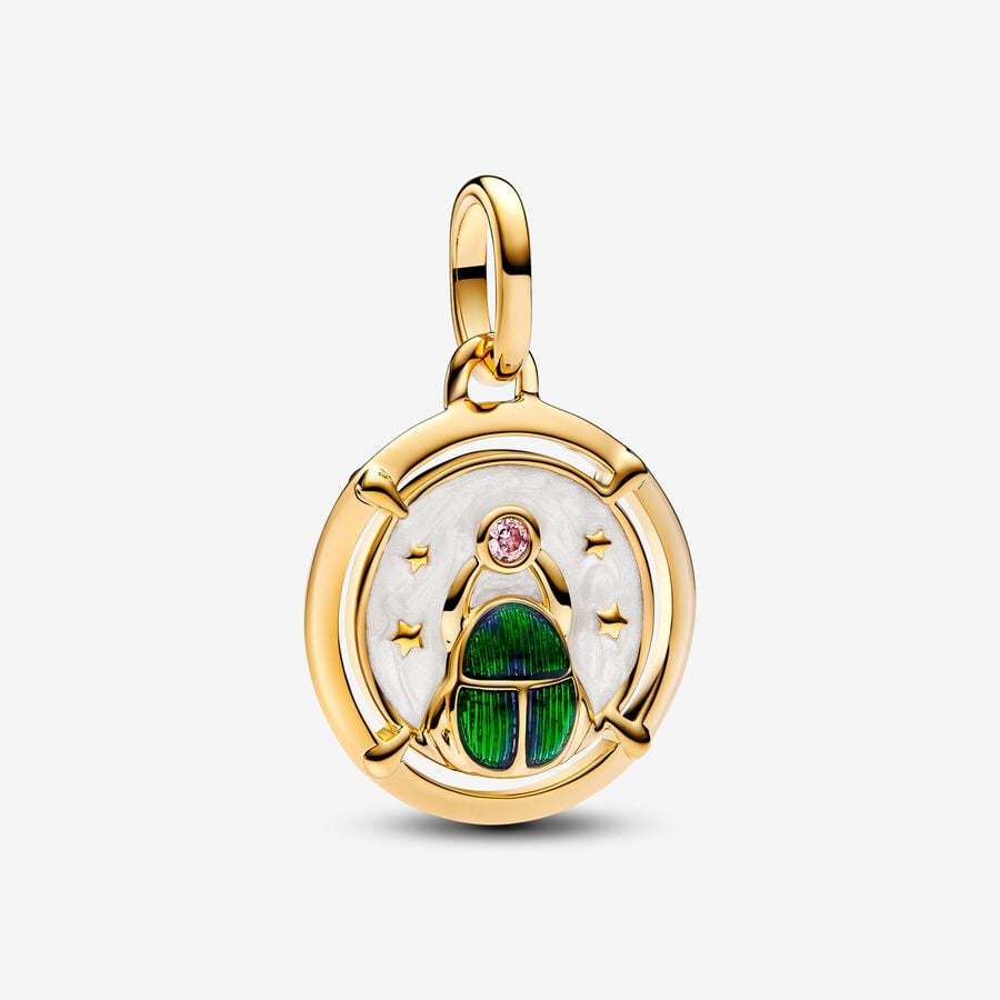 Scarab medallion charm in unique 14k gold-plated metal with pink zirconia, green, blue and white enamel - 763413C01 - Pandora