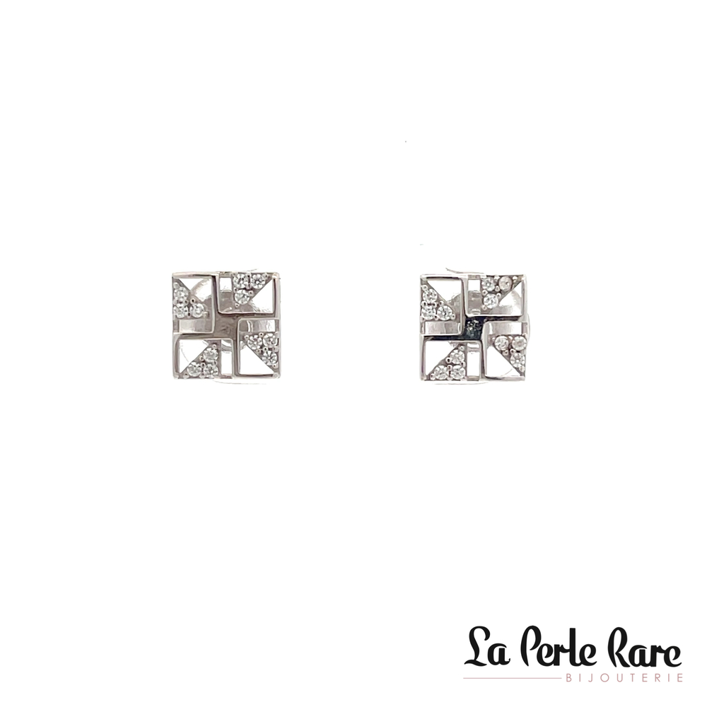 Boucles d'oreilles fixes carrées, or blanc 10 carats, zircons incolores - ENM-538-B - Exclusivités