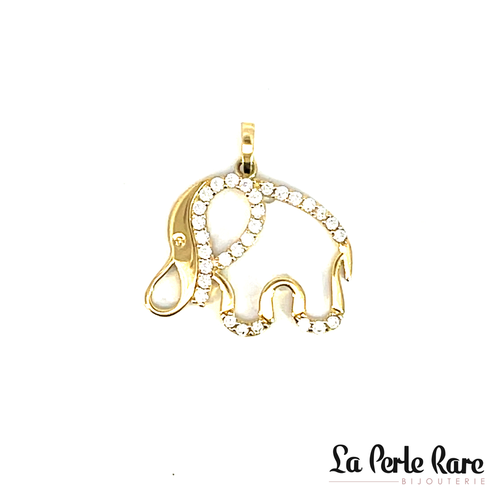 Pendentif éléphant, or jaune 10 carats, zircons incolores