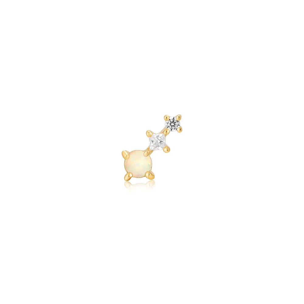 Single gold-plated silver stud earring with opal and cubic zirconia