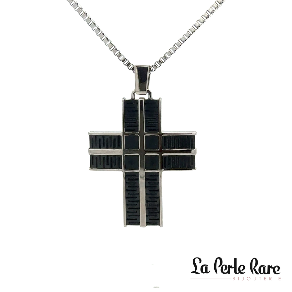 Pendentif croix, acier 2 tons (blanc/noir) - 171-CR75300 - Steelx