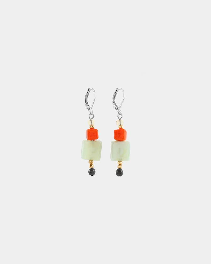 Boucles d'oreilles pendantes acier inoxydable 2 tons (blanc/jaune), verre coloré - FORAMEN-TROPIQ - Anne-marie Chagnon