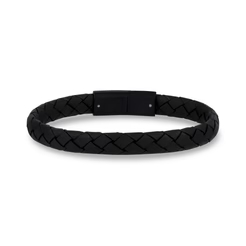 Bracelet cuir noir tressé, acier inoxydable noir - AS-B195-7.5 - Arz Steel