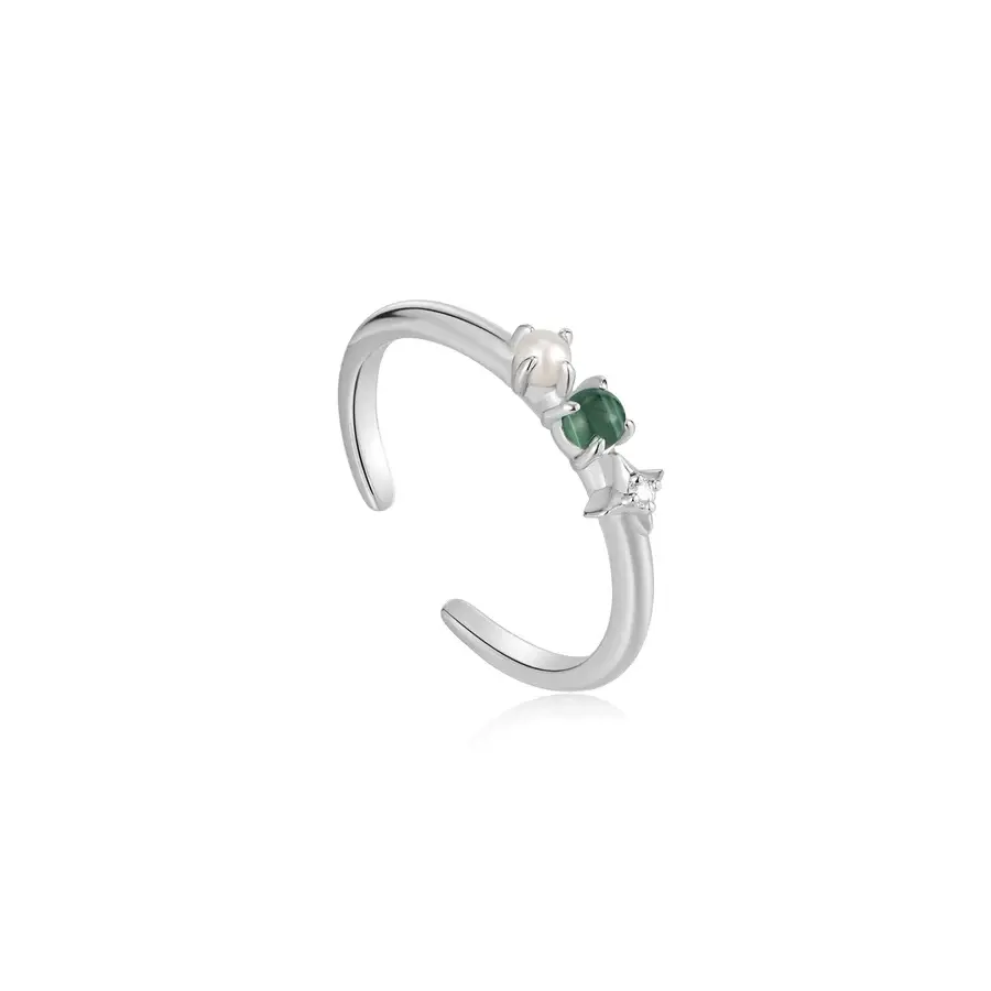 Bague ajustable étoile, argent rhodié, malachite, perle, zircon