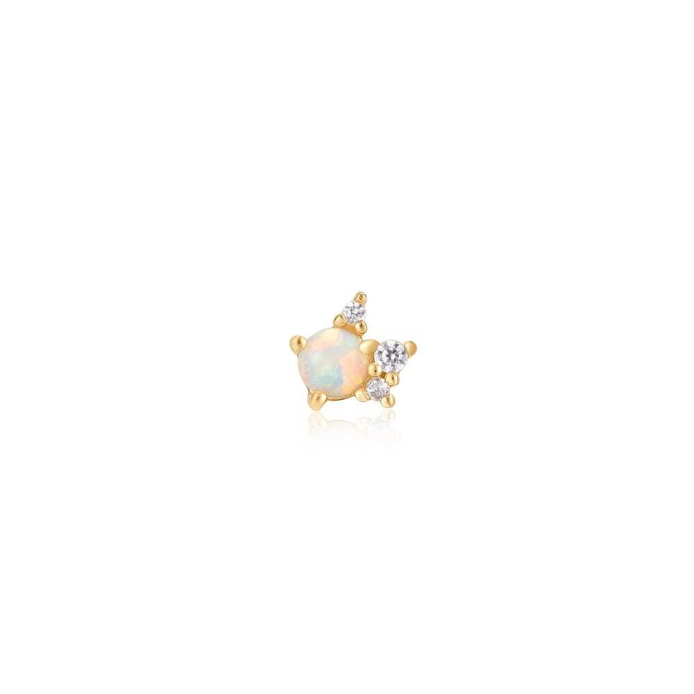 Single gold-plated silver stud earring with opal and cubic zirconia