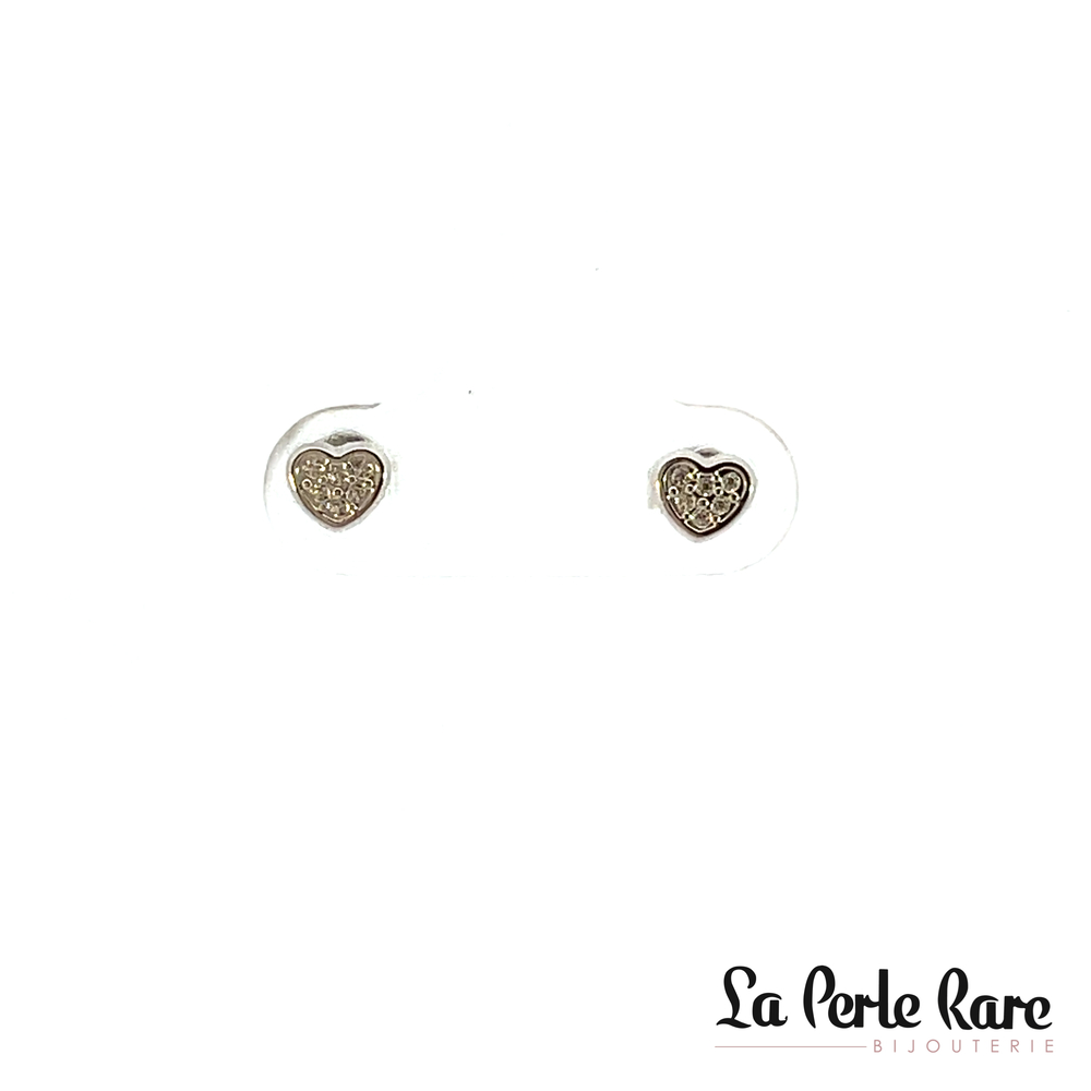 Boucles d'oreilles fixes coeurs, or blanc 10 carats, zircons incolores - 9479-B - Exclusivités