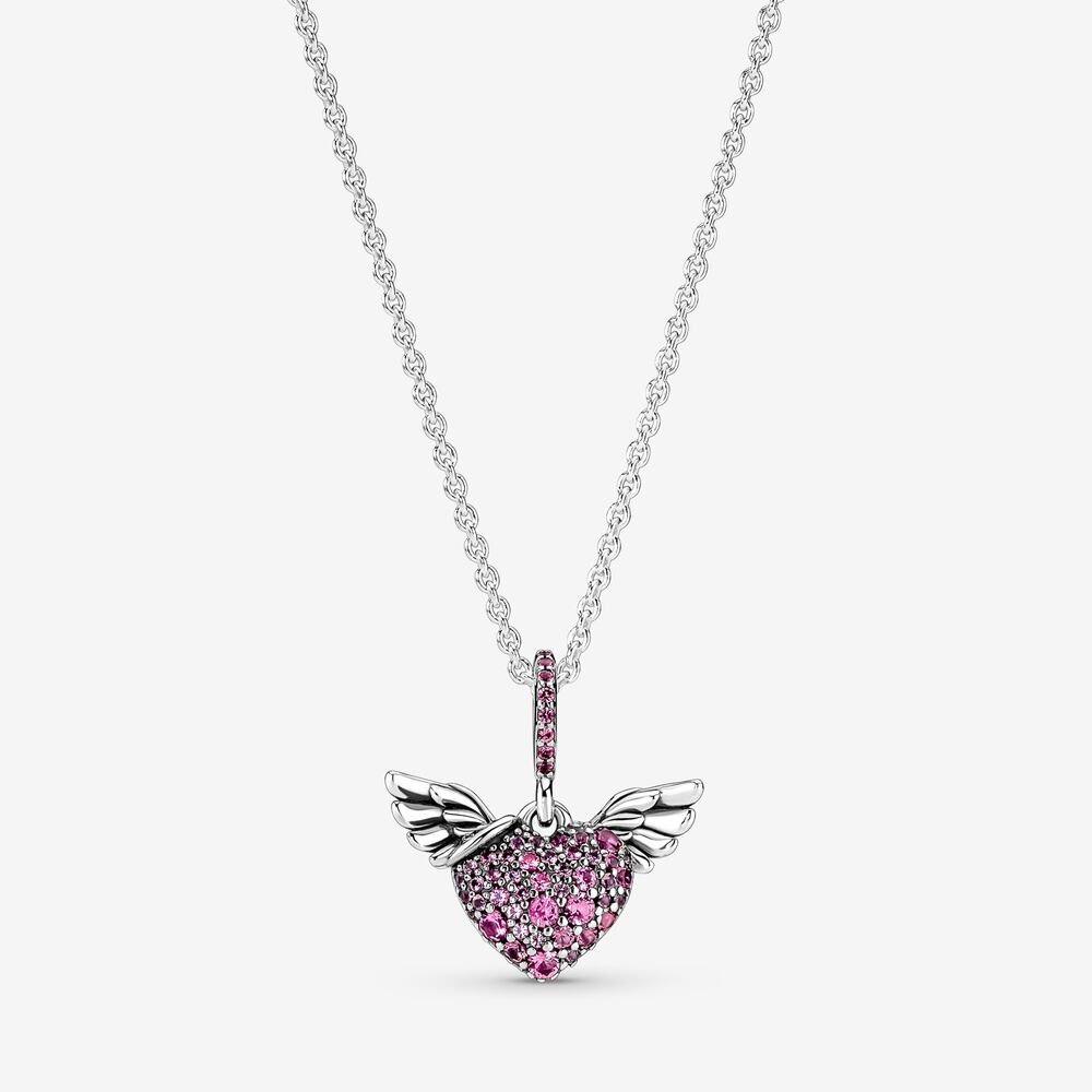 Pendentif coeur en pavé et ailes d'ange, argent, cristaux roses - 398505C02-45 - Pandora