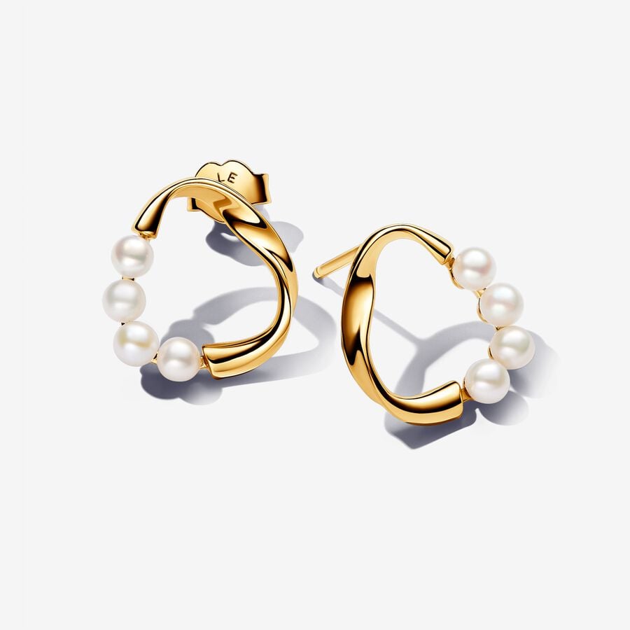 Stud earrings with unique metal plated with 14-karat gold, freshwater pearls. - 263276C01 - Pandora