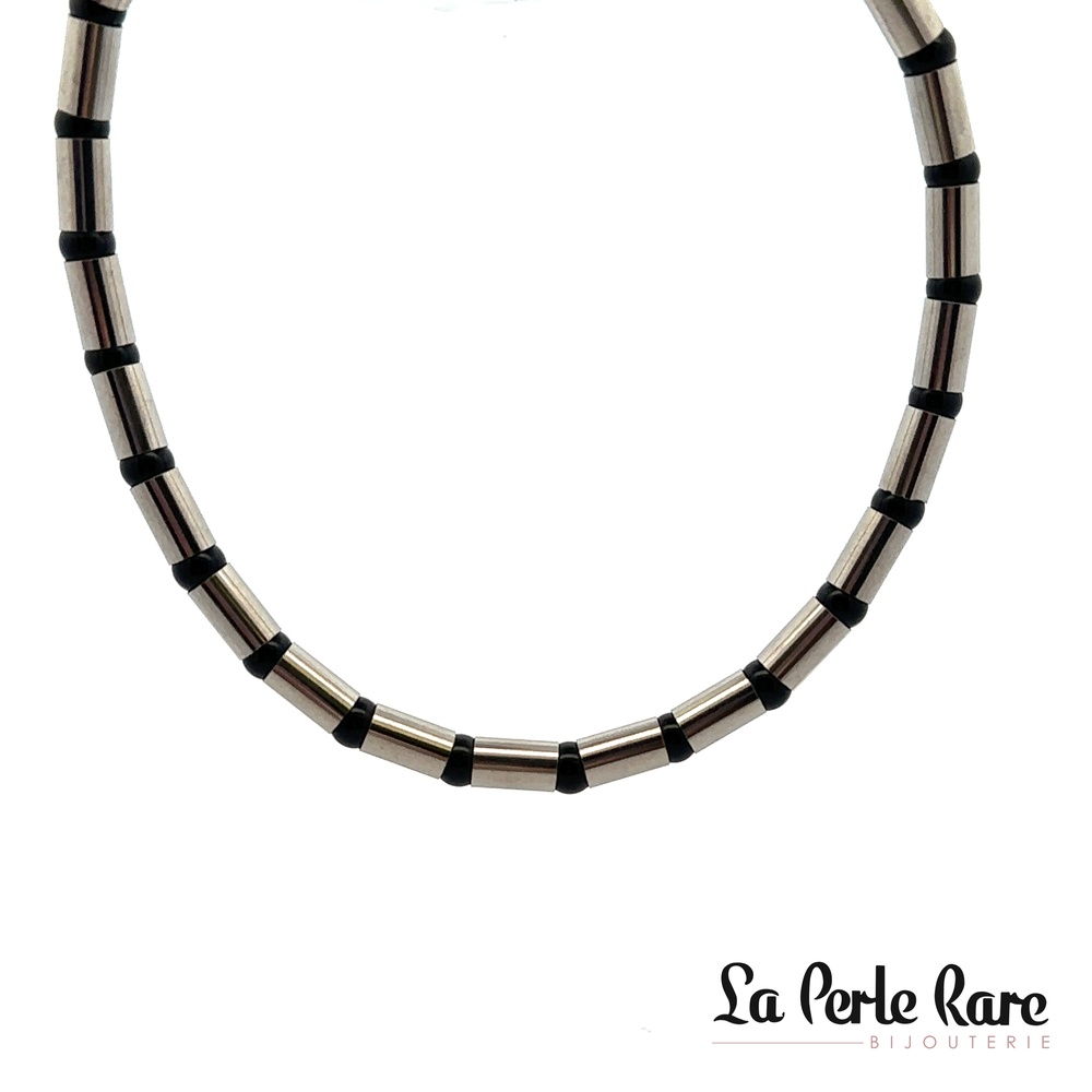 Collier acier, billes noires - 175-41055 - Steelx